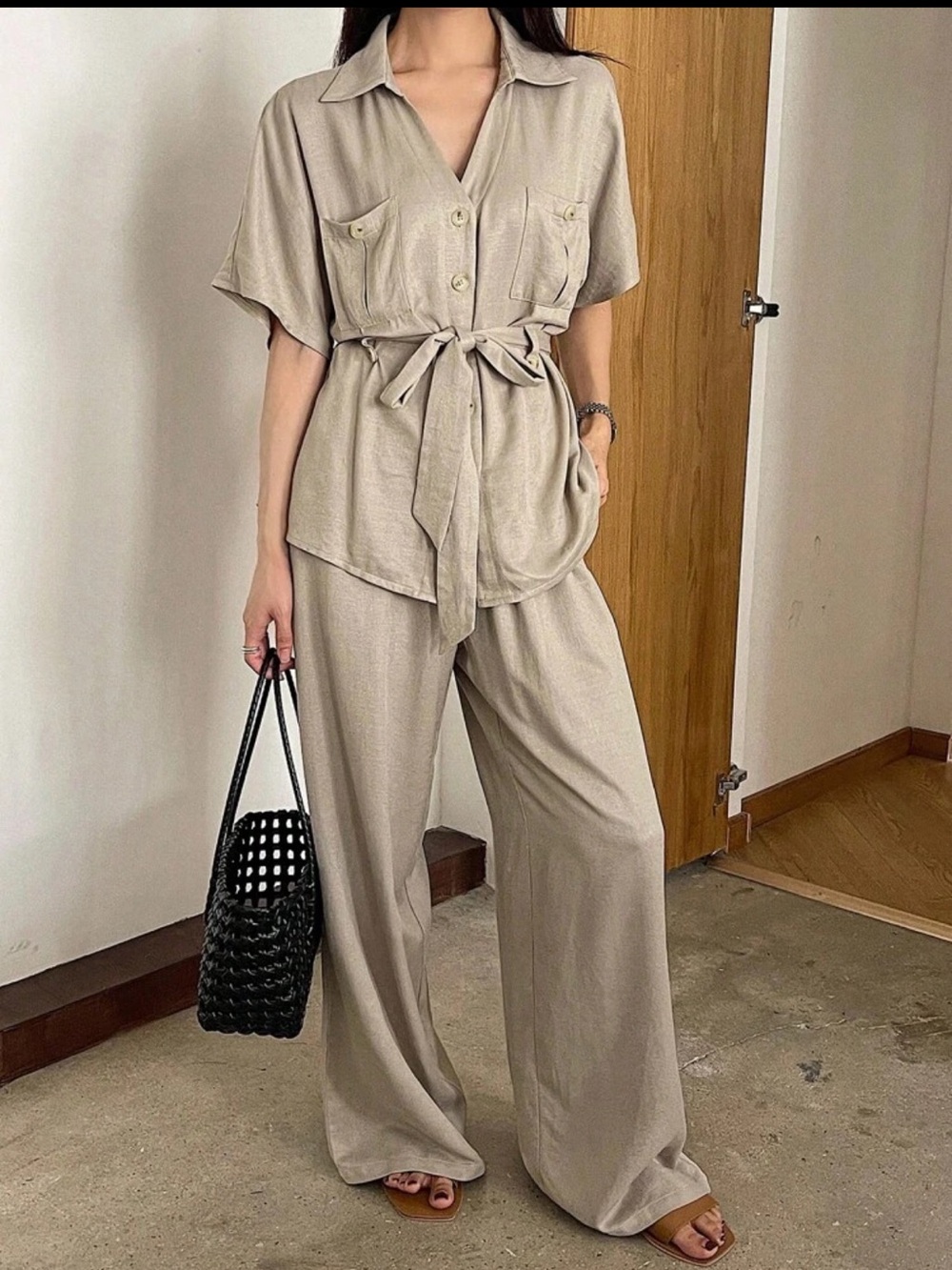Linen blend 2 piece light beige Tie-Waist safari Pants & shirt matching SET